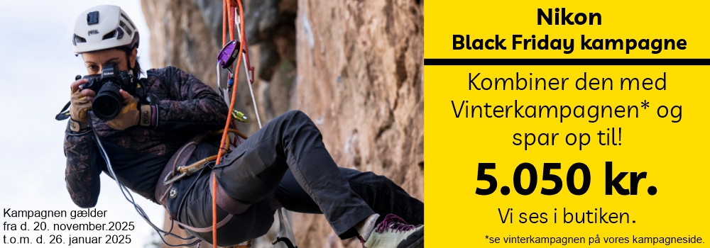 Nikon Black Friday kampagne kombiner den med vinterkampagne* og spar op til! 5050 kr. Vi ses i butikken. Se vinterkampagne på vores kampagneside